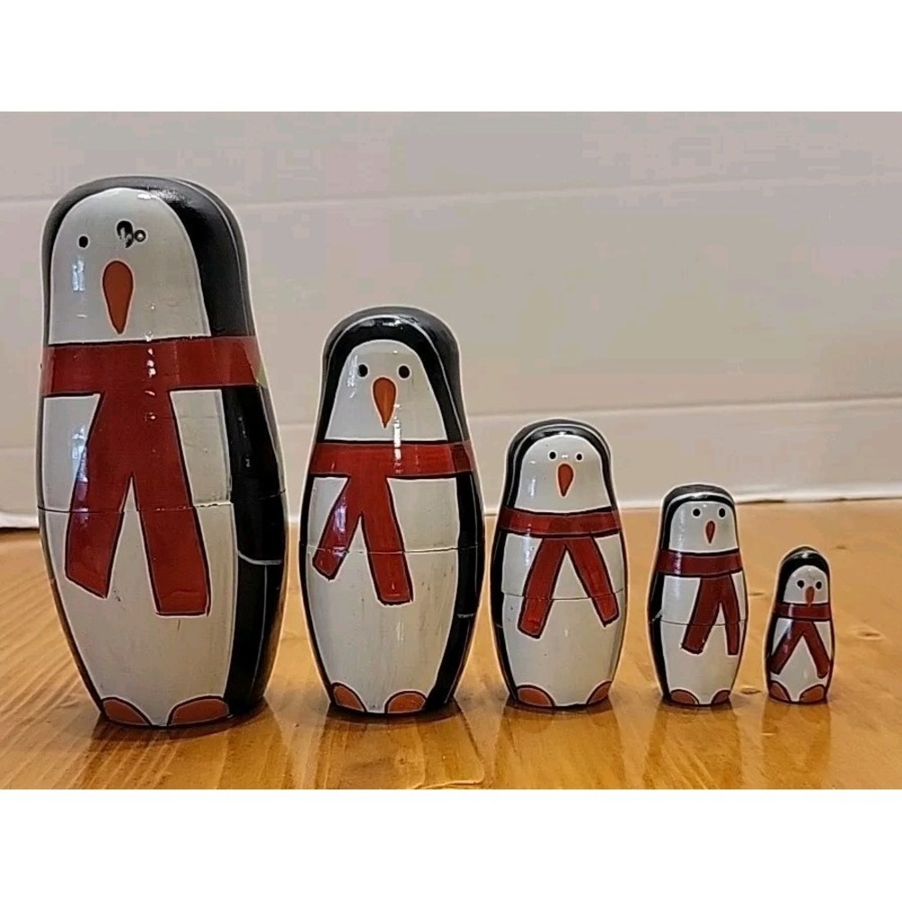 Penguin Christmas Hand Painted Wooden Russian Nesting Dolls Set of 5 Holiday